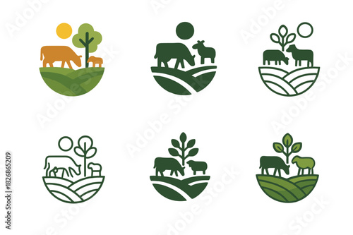 Sustainable Farming Logos. Sustainable farming practices. Icon set. Set Logo of sustainable farming: farm animals grazing. harmonious logo variations of the