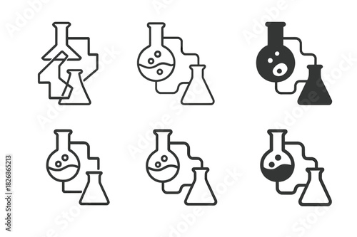 Chemical Logo Variations. Chemical composition. Icon set. Set Logo of chemical composition: laboratory apparatus connected with energy lines. harmonious logo
