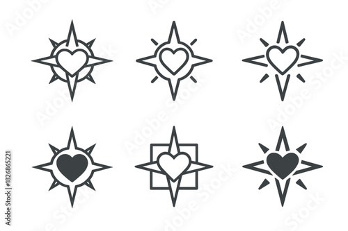 Emotional Intelligence Logos. Emotional intelligence leadership. Icon set. Set Logo of Emotional intelligence leadership: compass guided by a heart. harmonious