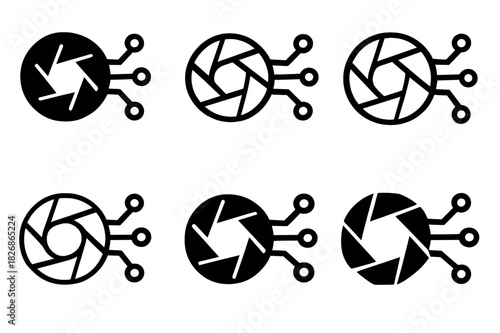 Image Analysis Icons. Image analysis software. Icon set. Set Logo of image analysis software: neural network connected to camera aperture. harmonious logo