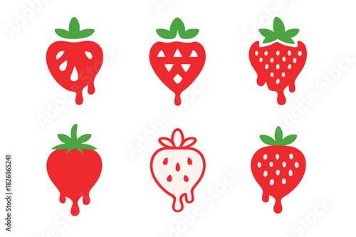 Strawberry Logo Variations. Strawberry. Icon set. Set Logo of strawberry: berry with dripping juice. harmonious logo variations of the same emblematic concept,