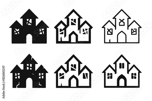 Abandoned Building Icons. Abandoned building. Icon set. Set Logo of abandoned building: haunted house silhouette. harmonious logo variations of the same