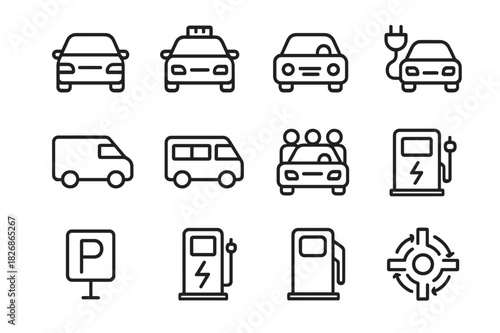 Car Mobility Icons. Car mobility. Line icon set of car mobility: car, taxi, rideshare, electric car, delivery van, minibus, carpool vehicle, parking lot,