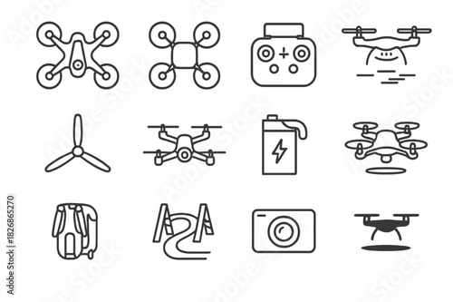 Drone Racing Icons. Drone Racing. Line icon set of Drone Racing: racing drone, quadcopter, drone controller, drone in flight, propeller drone, FPV drone, drone