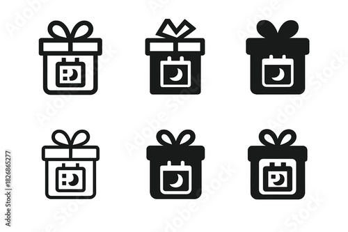 Subscription Box Logos. Subscription boxes. Icon set. Set Logo of subscription boxes: gift box with monthly icons. harmonious logo variations of the same