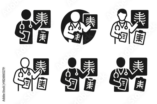 Doctor X-ray Logos. Doctor explaining X-ray results. Icon set. Set Logo of Doctor explaining X-ray results: clipboard radiology report beside X-ray panel.