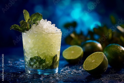 Refreshing Mojito Cocktail With Lime and Mint on a Cool Blue Background