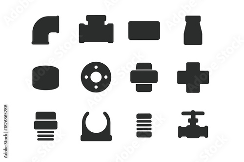 Plumbing Icon Set. Plumbing Essentials. Solid icon set of elbow, tee, coupler, reducer, end cap, flange, union, cross, threaded adapter, pipe clip, nipple,