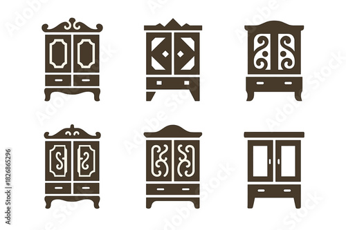 Vintage Craftsmanship Icons. Restoring antique furniture and home items. Icon set. Set Logo of vintage craftsmanship: ornate cabinet design. harmonious logo