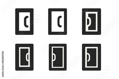Cabinet Logo Variations. Cabinet door. Icon set. Set Logo of cabinet door: handle silhouette integrated with rectangular frame motif. harmonious logo