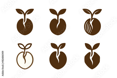 Germination Icon Variations. How seeds germinate. Icon set. Set Logo of How seeds germinate: seed coat cracking open. harmonious logo variations of the same