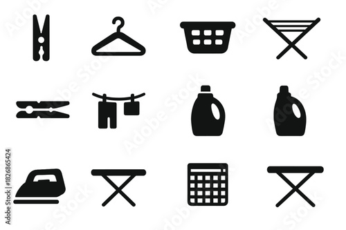 Laundry Icon Set. Folding Laundry. Line icon set of Folding Laundry: t-shirt, pants, socks, towel, laundry basket, hanger, ironing board, folded stack, washing