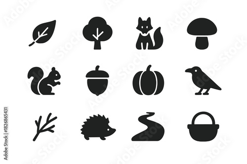 Autumn Forest Icons. Autumn forest. Solid icon set of autumn forest: falling leaf, tree, fox, mushroom, squirrel, acorn, pumpkin, crow, branch, hedgehog, path,