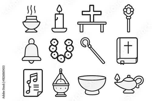 Ceremonial Icon Set. Ceremonial items. Line icon set of ceremonial items: incense burner, candle, altar, cross, bell, flower garland, ceremonial staff, sacred