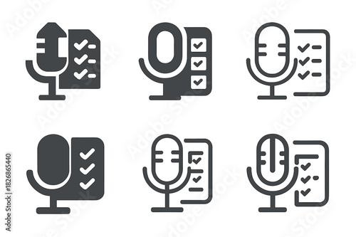 Conference Call Icon Set. Taking notes during a conference call. Icon set. Set Logo of Taking notes during a conference call: microphone with checklist.