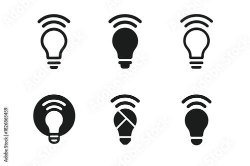 Smart Bulb Logos. Setting up smart bulbs. Icon set. Set Logo of smart lighting: wireless bulb connection. harmonious logo variations of the same emblematic