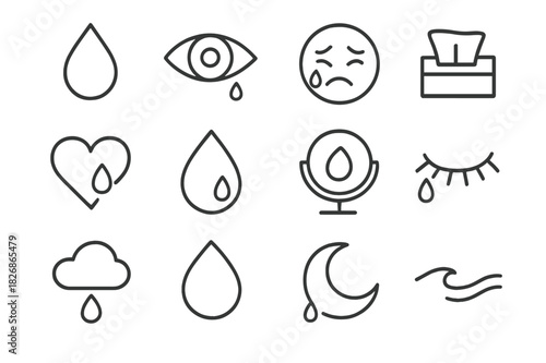 Emotional Icon Set. Tears and emotion. Line icon set of tears and emotion: teardrop, eye, crying face, tissue, heart, raindrop, mirror, eyelash, cloud,
