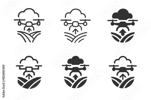 Agricultural Drone Logos. Drones in agriculture for field monitoring. Icon set. Set Logo of drones in agriculture for field monitoring: data collection cloud.