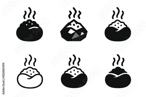 Stuffed Potato Icons. Stuffed potatoes. Icon set. Set Logo of stuffed potatoes: potato with steam lines. harmonious logo variations of the same emblematic