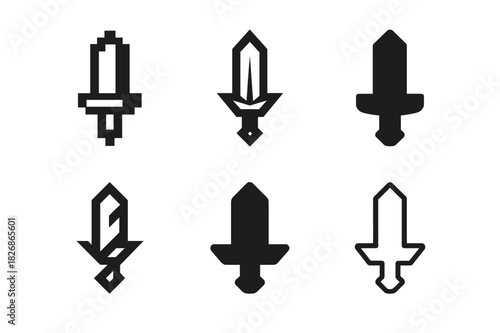 Indie Game Icon Set. Indie games. Icon set. Set Logo of indie games: -bit sword. harmonious logo variations of the same emblematic concept, each with different