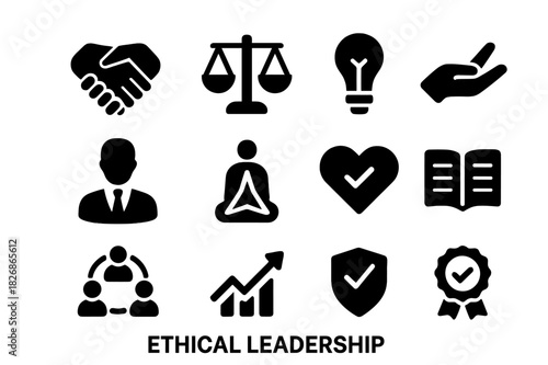 Ethical Leadership Icons. Ethical leadership. Solid icon set of Ethical leadership: handshake, balance scale, light bulb, guiding hand, leader figure, ethical