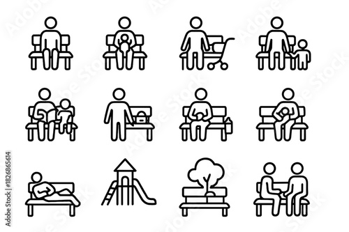 Parenting Line Icons. Parent bench. Line icon set of parent bench: seated parent, child on lap, stroller beside bench, reading together, holding hands, diaper