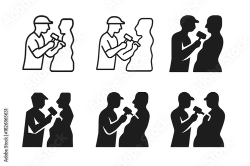 Sculptor Logo Variations. Sculptor working on a stone statue. Icon set. Set Logo of sculptor working on a stone statue: artistic hand gesture. harmonious logo