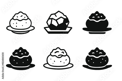 Stuffed Potatoes Icons. Stuffed potatoes. Icon set. Set Logo of stuffed potatoes: baked potato on plate. harmonious logo variations of the same emblematic