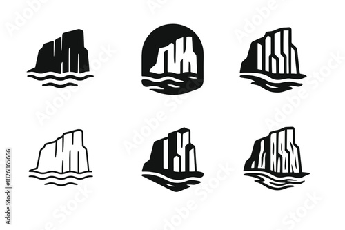 Coastal Cliff Logos. Coastal cliffs and rugged shorelines. Icon set. Set Logo of Coastal cliffs and rugged shorelines: basalt column cliff. harmonious logo