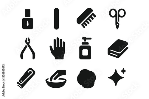 Nail Care Icons. Nail care. Solid icon set of nail care: nail polish, nail file, brush, scissors, cuticle trimmer, hand, lotion, towel, clipper, bowl, cotton