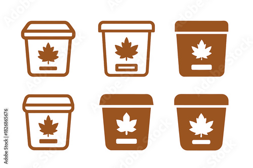 Autumn Cleaning Icons. Autumn home cleaning and organization. Icon set. Set Logo of Autumn home cleaning and organization: labeled storage bins with maple