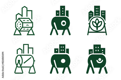 Rooftop Garden Logos. Rooftop garden designs in big cities. Icon set. Set Logo of Rooftop garden designs in big cities: compost tumbler. harmonious logo