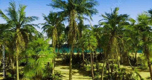 Wallpaper Mural Vibrant palm trees surround a pristine beach with soft sand and turquoise water. Sunlight filters through the leaves, creating a peaceful atmosphere perfect for relaxation. Torontodigital.ca
