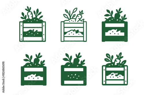 Vegetable Patch Logos. Vegetable Patch. Icon set. Set Logo of Vegetable Patch: compost bin. harmonious logo variations of the same emblematic concept, each
