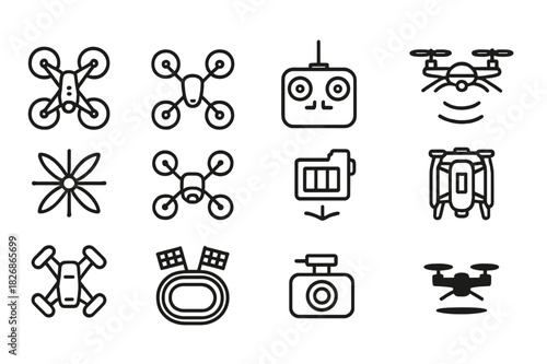 Drone Racing Icons. Drone Racing. Line icon set of Drone Racing: racing drone, quadcopter, drone controller, drone in flight, propeller drone, FPV drone, drone