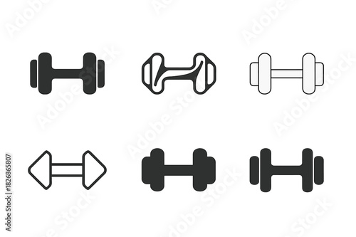 Dumbbell Logo Variations. Sports equipment. Icon set. Set Logo of Sports equipment: dumbbell pair. harmonious logo variations of the same emblematic concept,