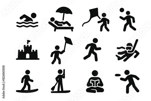 Beach Activities Icons. Beach activities. Solid icon set of Beach activities: swimming, sunbathing, volleyball, sandcastle, kite flying, jogging, surfing,