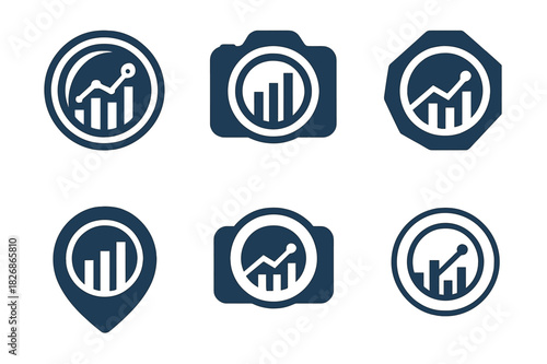 Image Analysis Icons. Image analysis software. Icon set. Set Logo of image analysis software: camera lens integrated with data graph. harmonious logo
