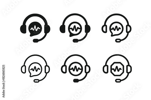 Diverse Conference Logos. Digital conferences. Icon set. Set Logo of online events: headset with speech waves. harmonious logo variations of the same