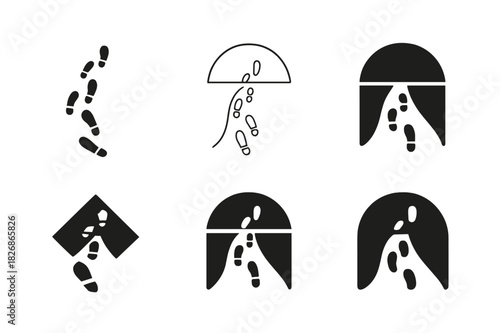 Life's Journey Icons. Contemplating the end of life and legacy. Icon set. Set Logo of Contemplating the end of life and legacy: footprints fading into horizon.