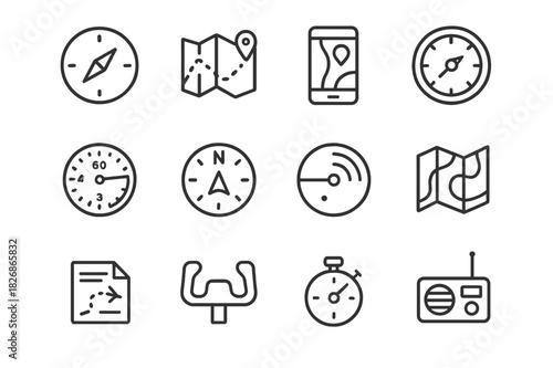 Aerial Navigation Icons. Aerial Navigation. Line icon set of Aerial Navigation: compass, map, GPS, altimeter, heading indicator, radar, flight plan, control