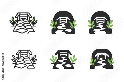 Decorative Stone Path Logos. Decorative stone paths through a garden with plants on both sides. Icon set. Set Logo of Decorative stone paths through a garden