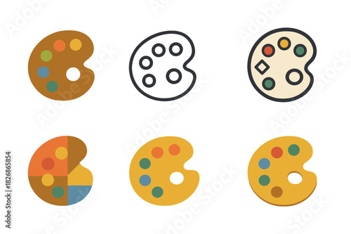 Art Tools Icons. Fine art techniques and tools. Icon set. Set Logo of Fine art techniques and tools: wooden painter?s palette with color wells. harmonious logo