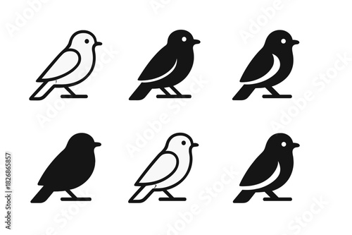 Bird Logo Variations. Bird. Icon set. Set Logo of perched bird. harmonious logo variations of the same emblematic concept (Symmetrical form, Minimal outline,