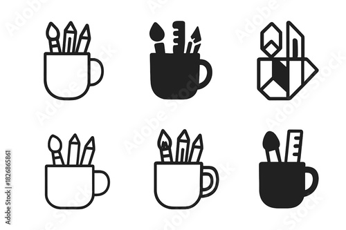 Creative Mug Logos. Art supplies in a cup. Icon set. Set Logo of art supplies in a cup: Mug with creative tools. harmonious logo variations of the same