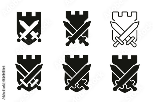 Offense Defense Logos. Offense vs Defense. Icon set. Set Logo of Offense vs Defense: castle bastion. harmonious logo variations of the same emblematic concept,