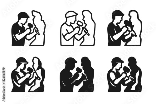 Sculptor Logo Variations. Sculptor working on a stone statue. Icon set. Set Logo of sculptor working on a stone statue: artistic hand gesture. harmonious logo