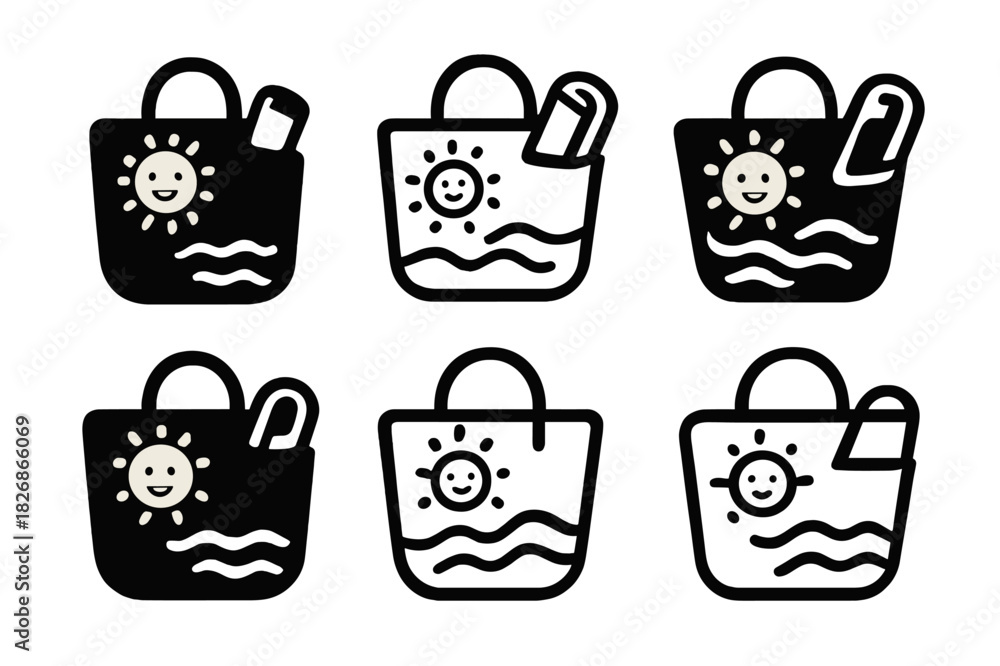 Fototapeta premium Beach Bag Icon Set. Packing a beach bag. Icon set. Set Logo of packing a beach bag: cheerful bag with sun, waves, and towel motif. harmonious logo variations