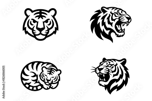 Set of Four Tiger Head Illustrations in Black and White.