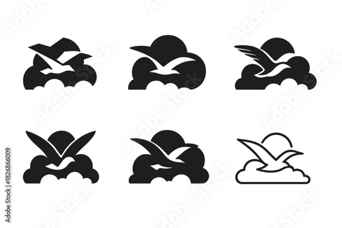 Seagull Logo Variations. Seagulls flying. Icon set. Set Logo of seagulls flying: Seagull silhouette in clouds. harmonious logo variations of the same